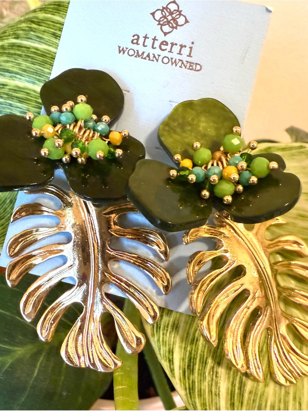 Atterri Green Floral Cluster Drop Earrings